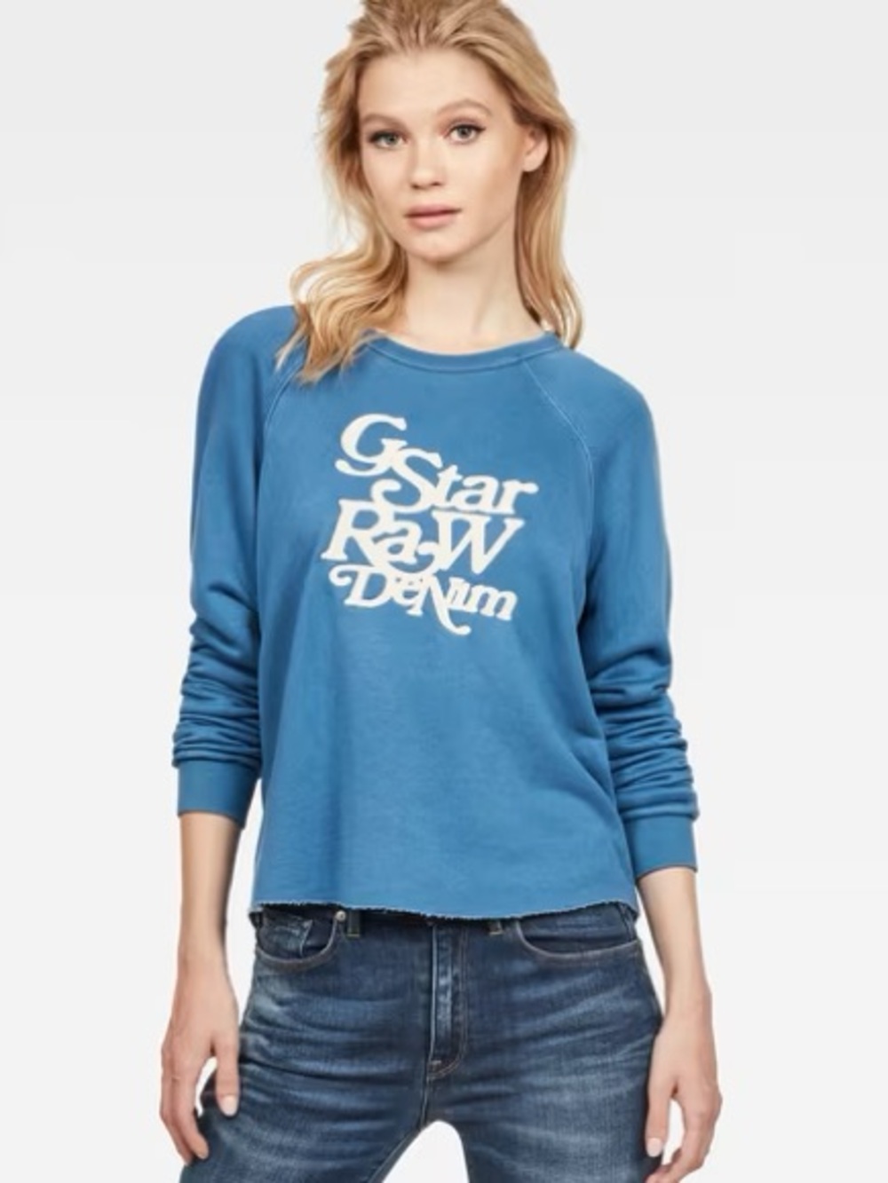 G Star Raw‎ Denim Big Logo Sweater Blue Women Medium Distressed Crop Pullover